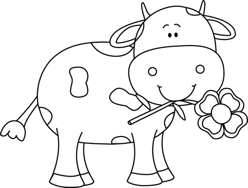 Black and White Cow with a Flower in its Mouth Clip Art - Black ...