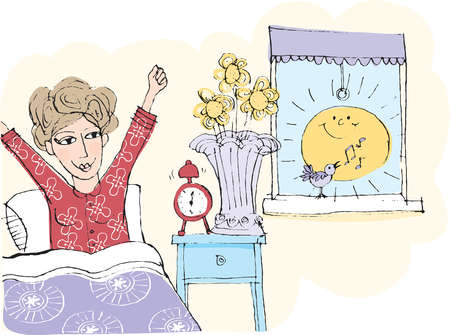 Stock Illustration - A woman waking up from bed in the morning