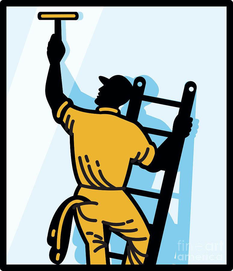 Window Cleaner Worker Cleaning Ladder Retro by Aloysius Patrimonio ...
