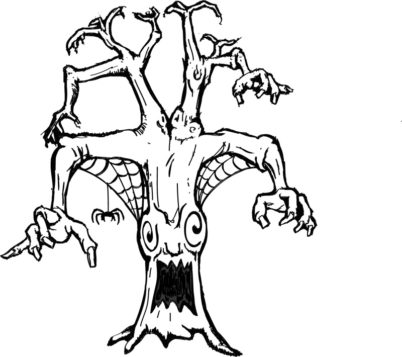 printable coloring page of a scary tree with spider web - Coloring ...