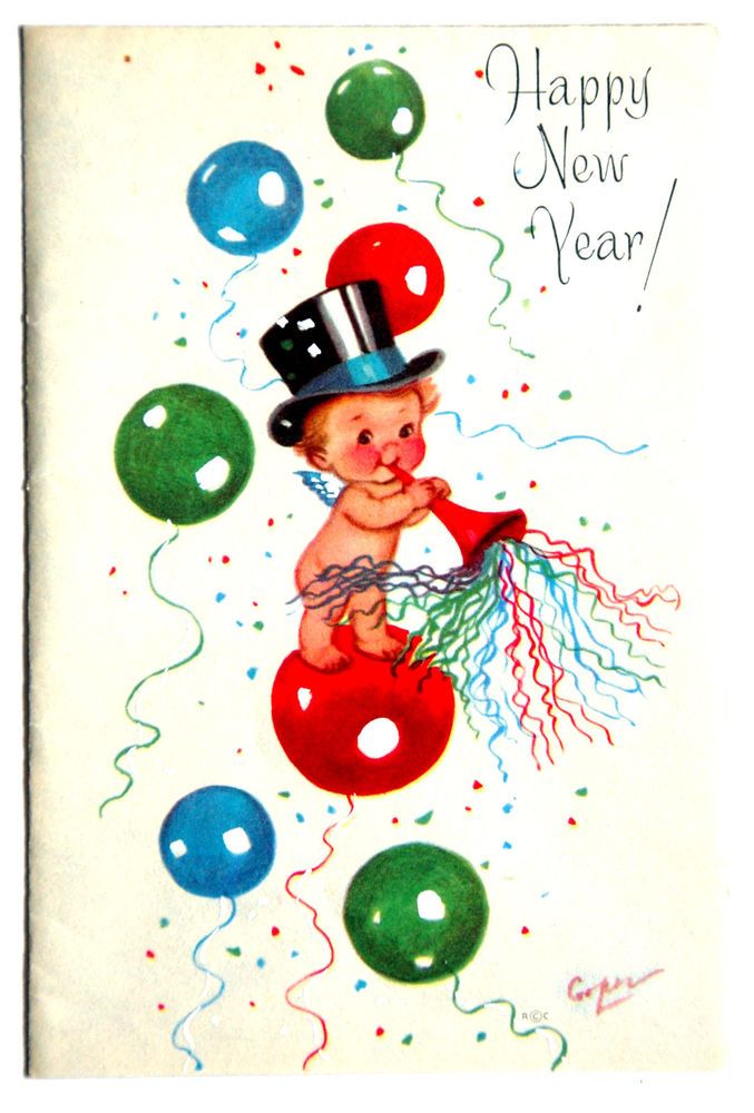 vintage Rust Craft card HAPPY NEW YEAR illustrated by Marjorie Cooper
