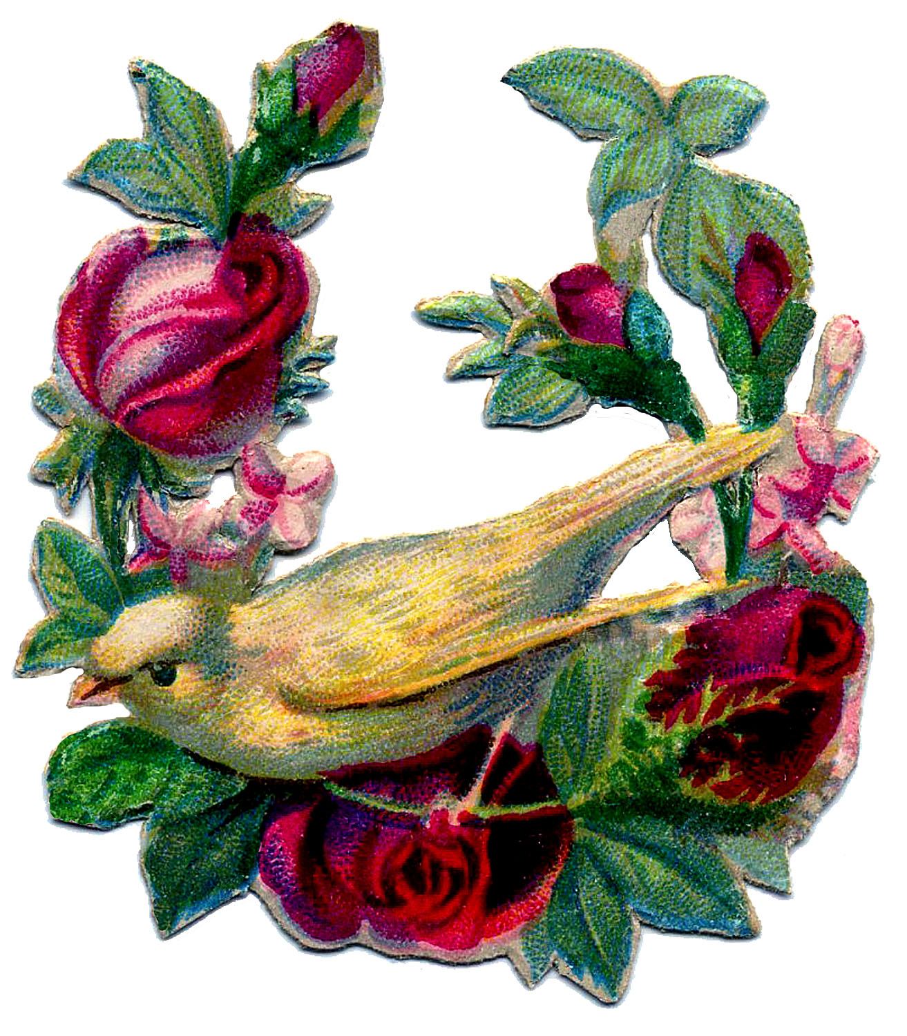 Victorian Bird Scrap - Canary with Rose Wreath - The Graphics Fairy