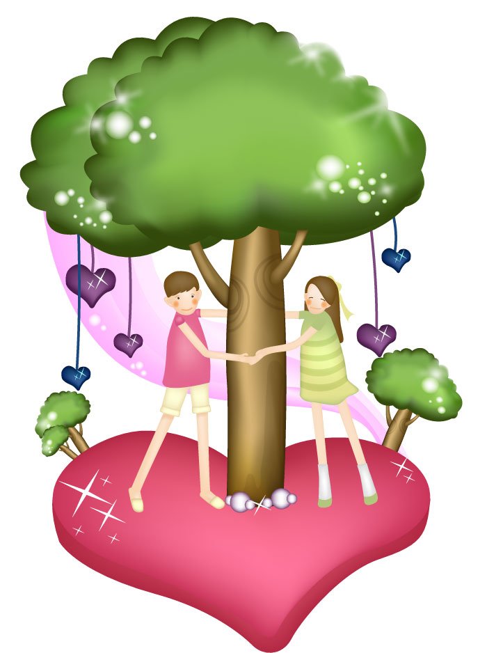 Large trees dating couple heart-shaped vector Korean cartoon ...