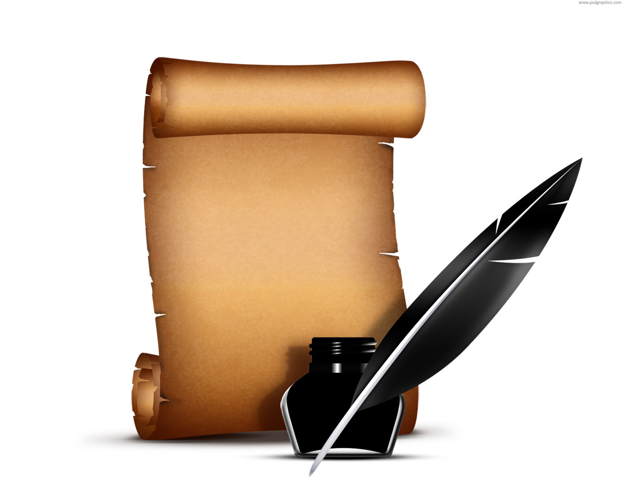 Paper scroll with quill pen (PSD) | PSDGraphics