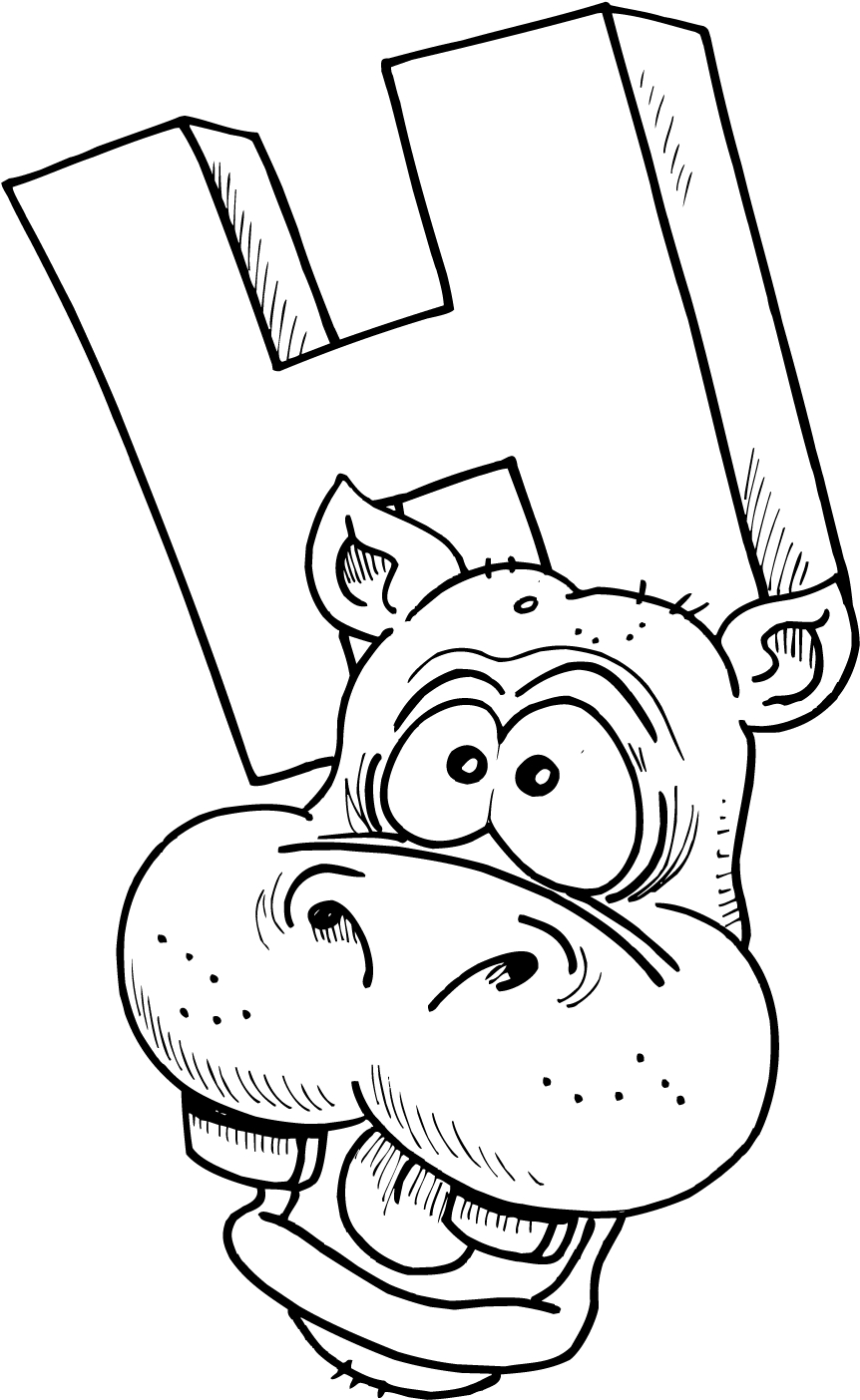 colouring page of letter h with a hippo - Coloring Point