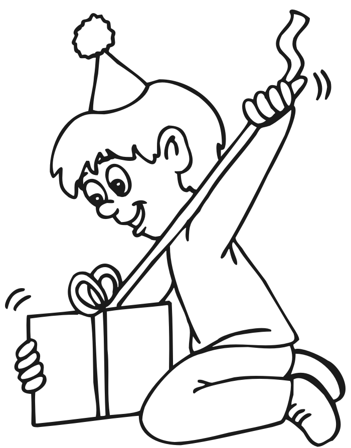 birthday coloring page boy opening present | thingkid.