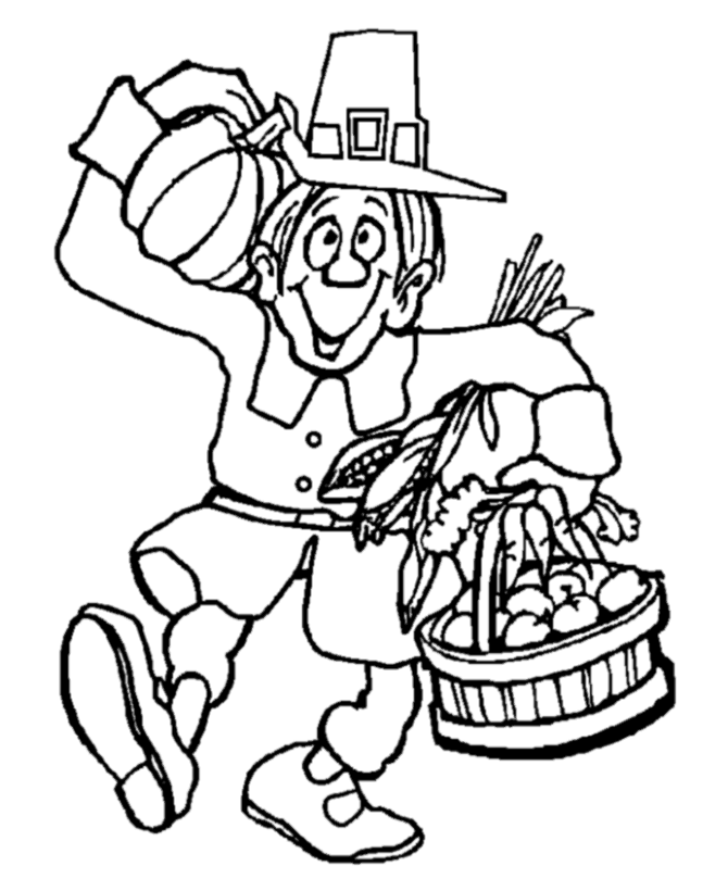 Thanksgiving Day Coloring Page Sheets - Pilgrim man with food ...