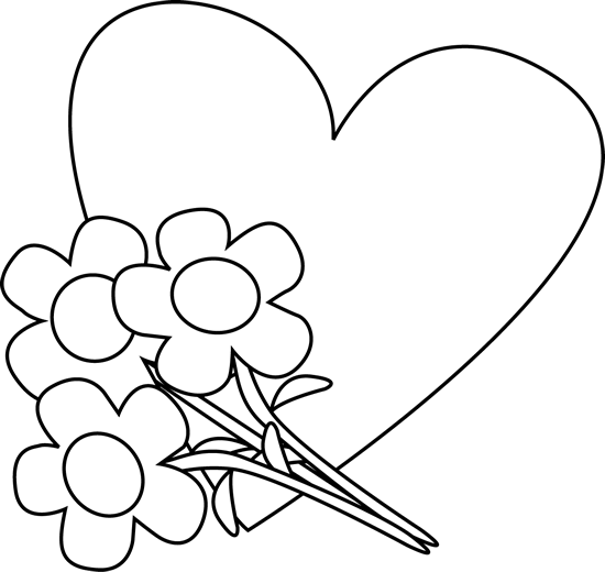 Black and White Valentine's Day Heart and Flowers Clip Art - Black ...