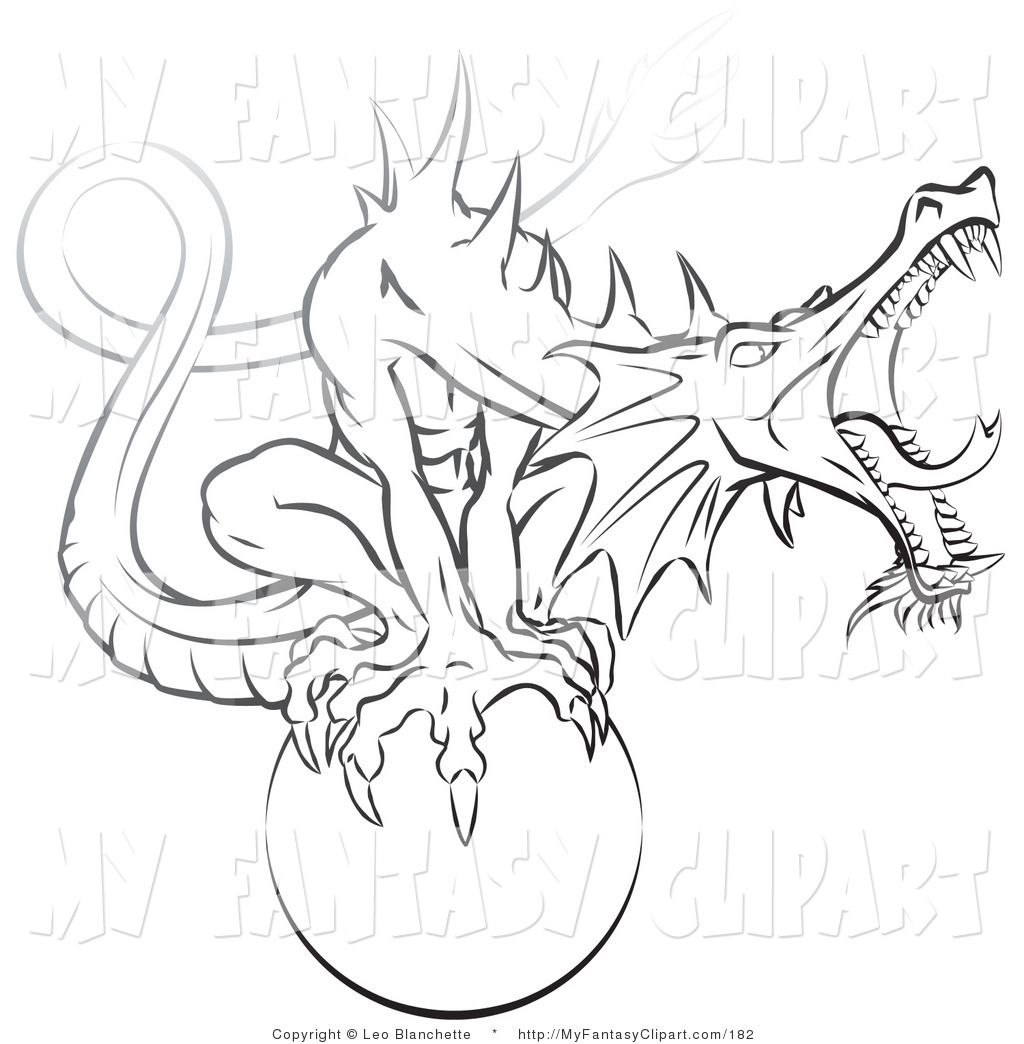 Clip Art of a Black and White Tough Guardian Dragon Roaring While ...