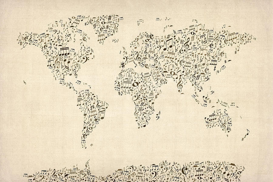 Music Notes Map Of The World Map by Michael Tompsett