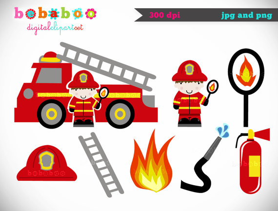 Firefighter and Firetruck Clipart Digital Clip Art by bebaboo ...