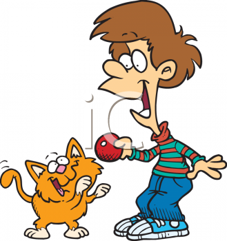 Cartoon, Clipart Picture of a Boy Holding a Ball Out To His Cat ...