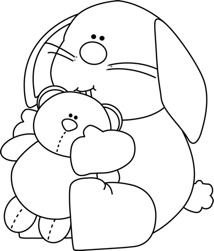 Black and White Bunny Hugging a Stuffed Bear Clip Art - Black and ...