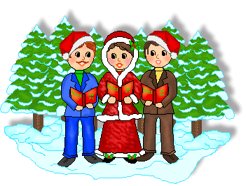 Christmas Clip Art - Carolers In Front of Snow Covered Pines