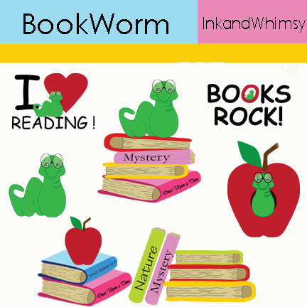 BOOK WORM Clipart Digital INSTANT Download by InkAndWhimsy2
