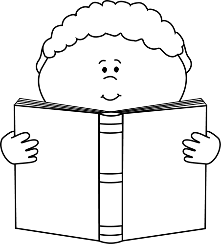 Black and White Little Boy Reading a Book Clip Art - Black and ...