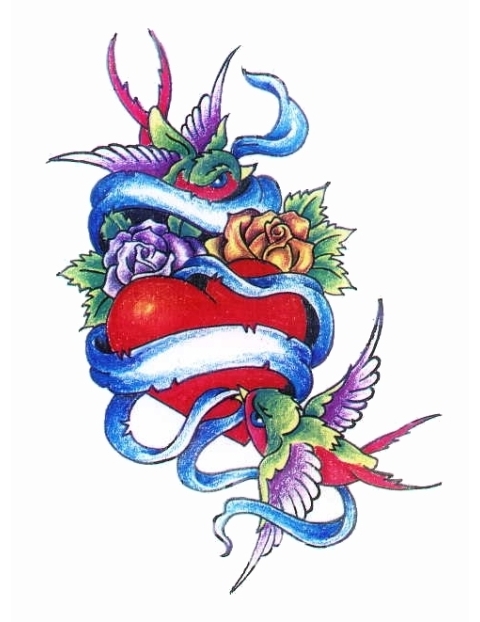 Red Heart With Blue Ribbon And Bird Tattoo | Tony's Tattoo Gallery