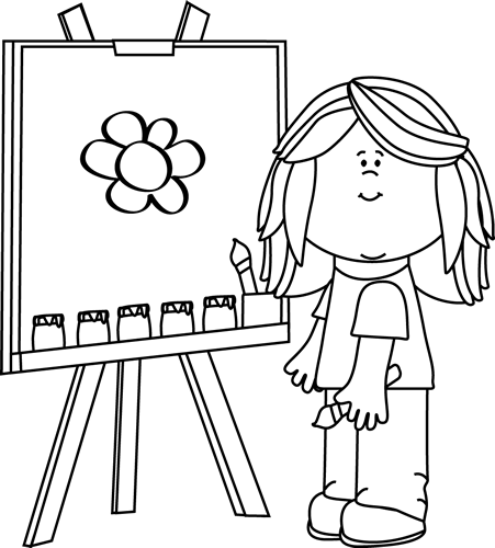 Black and White Girl Painting on Easel Clip Art - Black and White ...