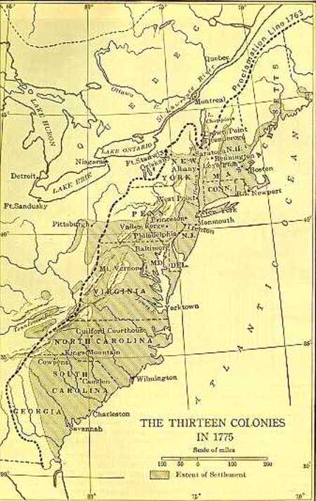 Enlargement: Color Map of the 13 Colonies as they were in 1775