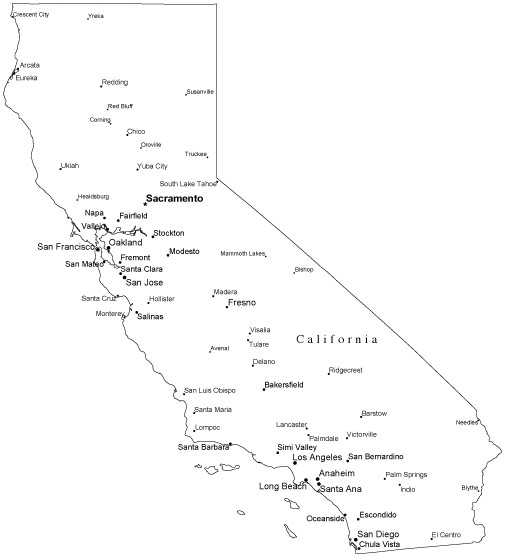 California Black & White Outline Map with Capital and Major Cities ...