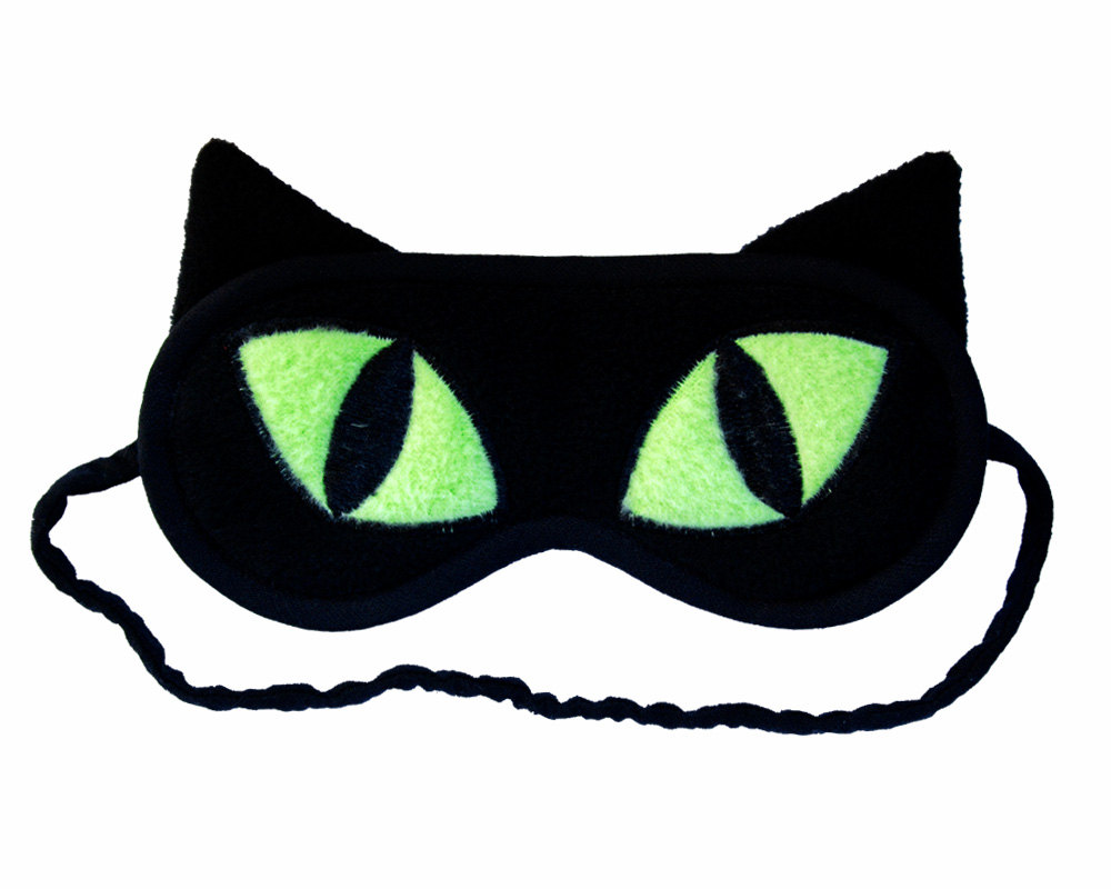 Cat Sleep Mask Black cat eye mask Neon green eyes by PomponDesigns