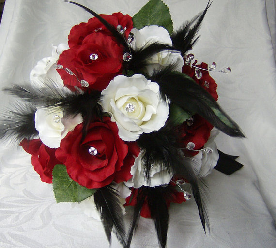 Wedding bouquet set red and white roses by ChurchMouseCreations
