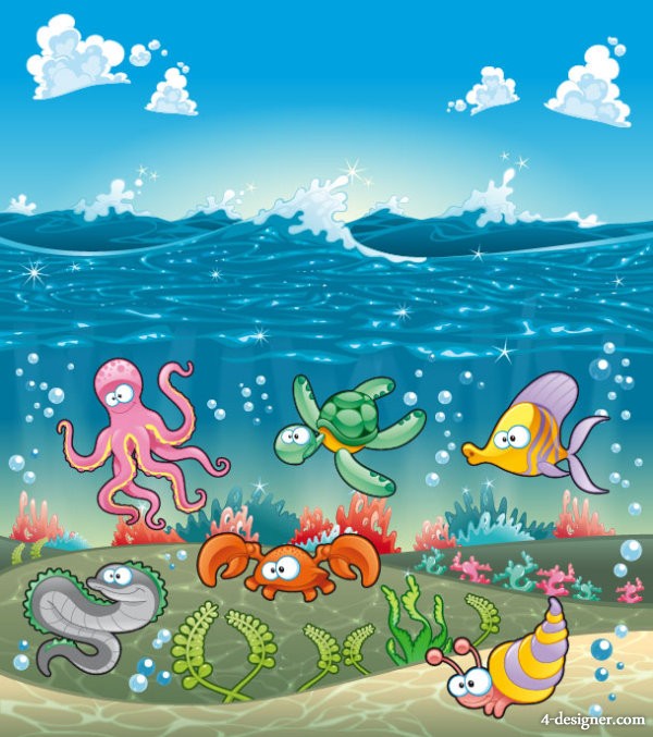 4-Designer | Cartoon marine animals 03 Vector