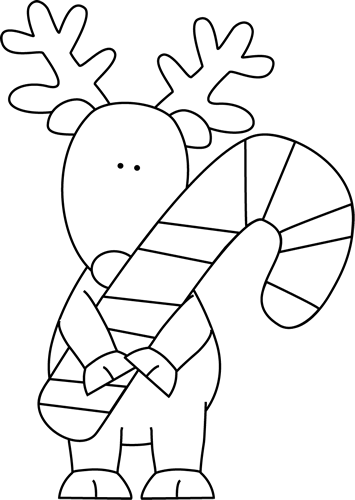Black and White Reindeer Holding a Candy Cane Clip Art - Black and ...