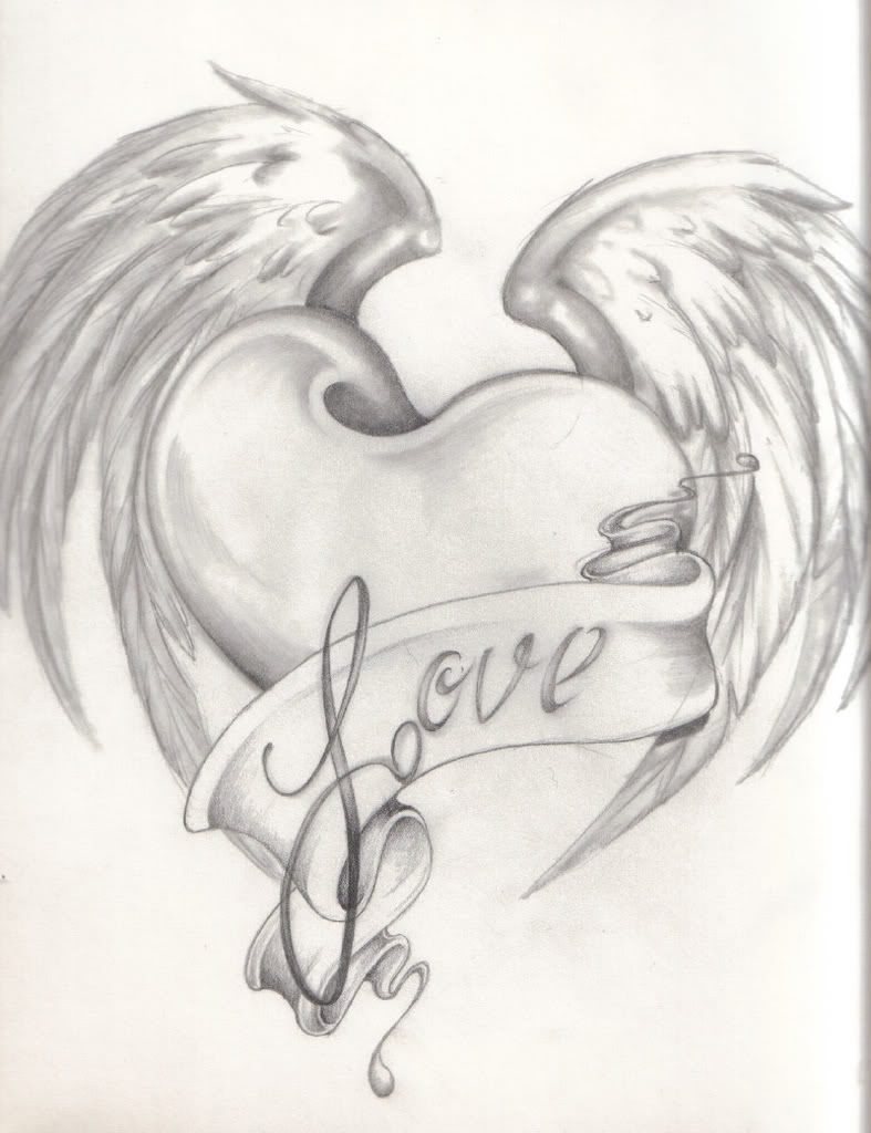 drawings of roses and hearts and wings