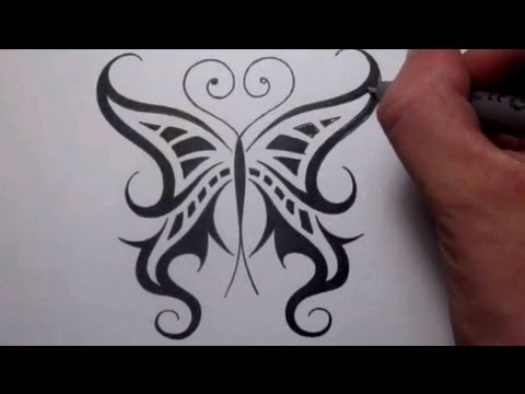 Drawing a Cool Tribal Butterfly Tattoo Design - YouTube