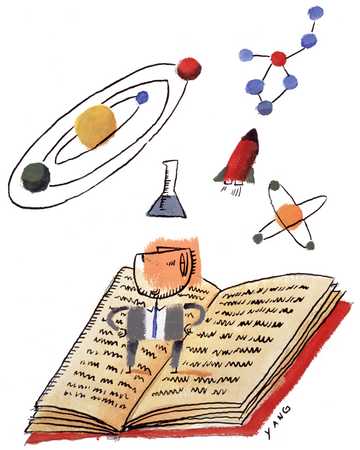 Stock Illustration - Man On Book Looking Up At Science Symbols