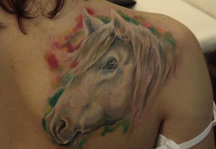 Watercolor horse head tattoo on shoulder blade - Tattooimages.biz