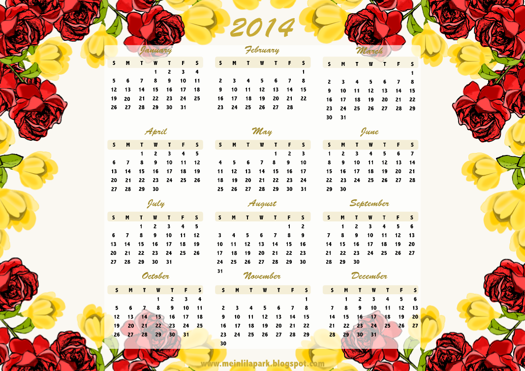 Free printable flower framed 2014 calendar - ausdruckbarer ...