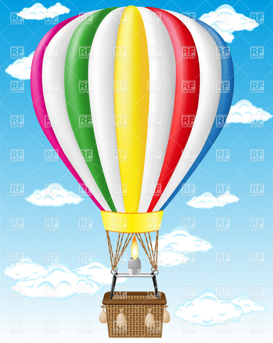 Hot air balloon flying in cloudy blue sky, Transportation ...