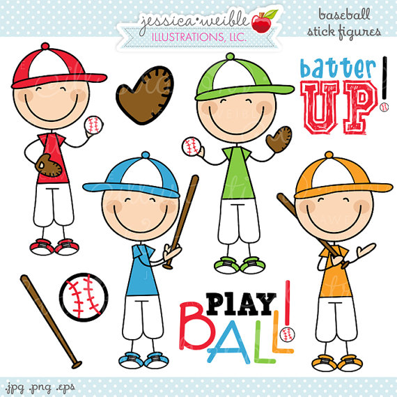 Baseball Boy Stick Figures Cute Digital Clipart by JWIllustrations