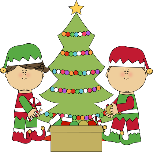 Elves Decorating a Christmas Tree Clip Art - Elves Decorating a ...