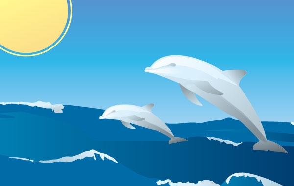 Dolphin Vector Illustration with Ocean and Sun - Free Vector Art