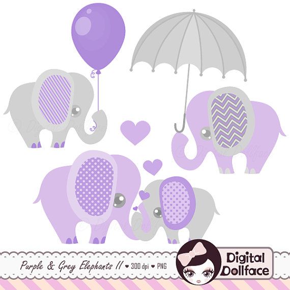 Purple and Grey, Baby Shower, Elephants Clipart, Digital Lavender ...