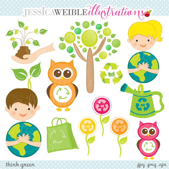 Think Green Cute Digital Clipart - Commercial Use OK - Earth Day ...