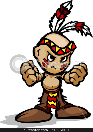 Tough Indian Kid with Feathers showing Fists Vector Cartoon Illu ...