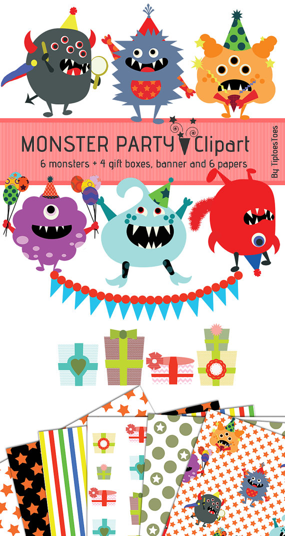 SALE Monster Party Clipart 6 Monsters INSTANT by TiptoesToes