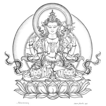 Avalokiteshvara or Chenrezig Drawing, the Four-armed Buddha of ...