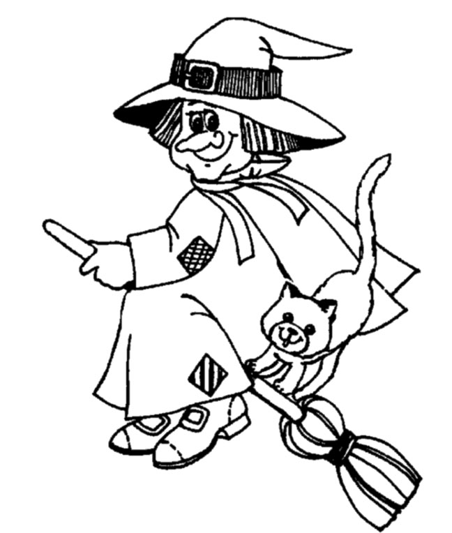 Witch Spooky And Cat Cute Coloring Page |Halloween coloring pages ...