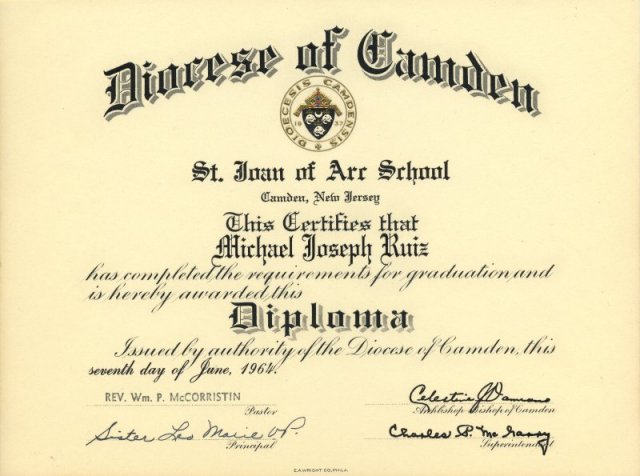 Graduation Diploma 1964, St. Joan Of Arc, Fairview, Camden, NJ ...