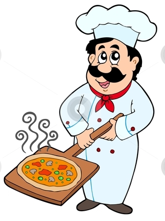 Chef holding pizza plate stock vector
