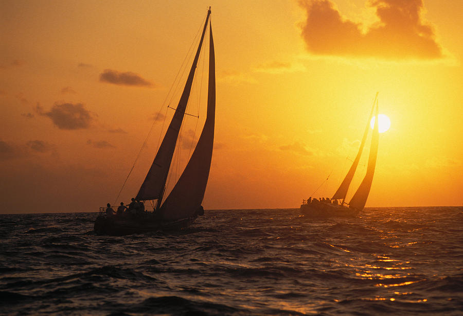 Two Sailboats Silhouetted by Bob Abraham - Printscapes