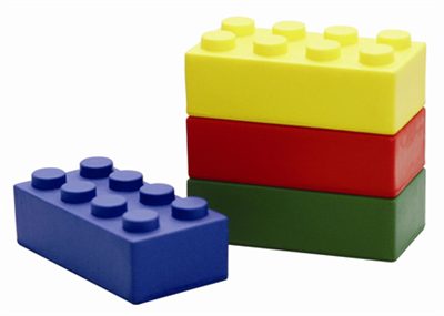 Building Block Stress Relievers are available in blue, yellow, red and