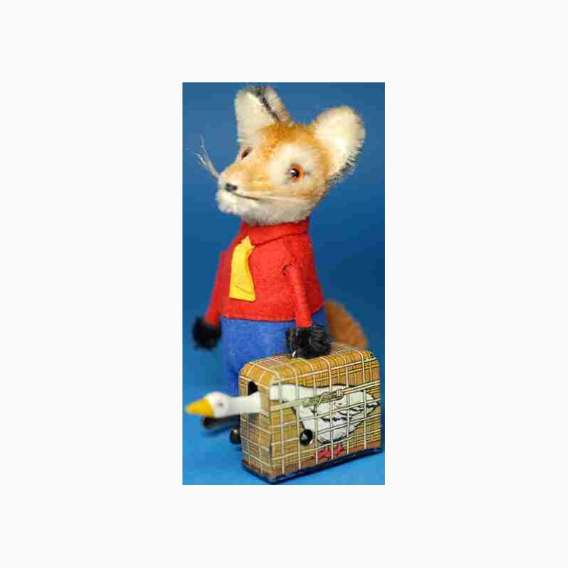 Schuco Tin-Dance Figures clockwork fox with suitcase and goose, tin b