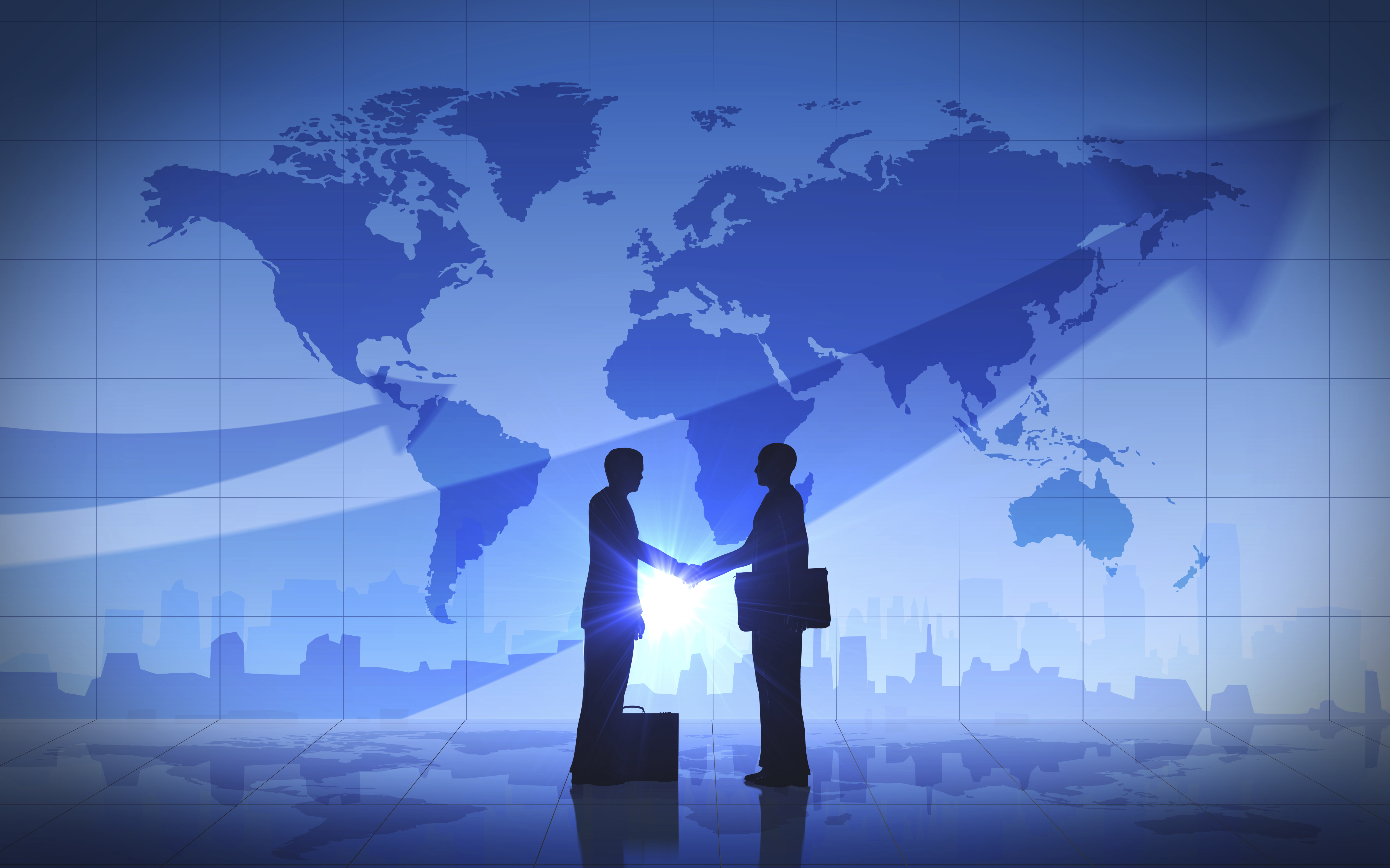 Business Man Shake Hand Silhouettes City World Map | Global Trade ...