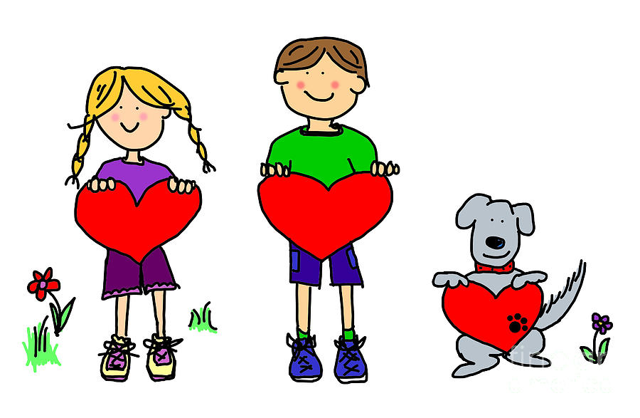 Boy And Girl And Dog Cartoon Holding Heart Shape Sign by Sylvie ...